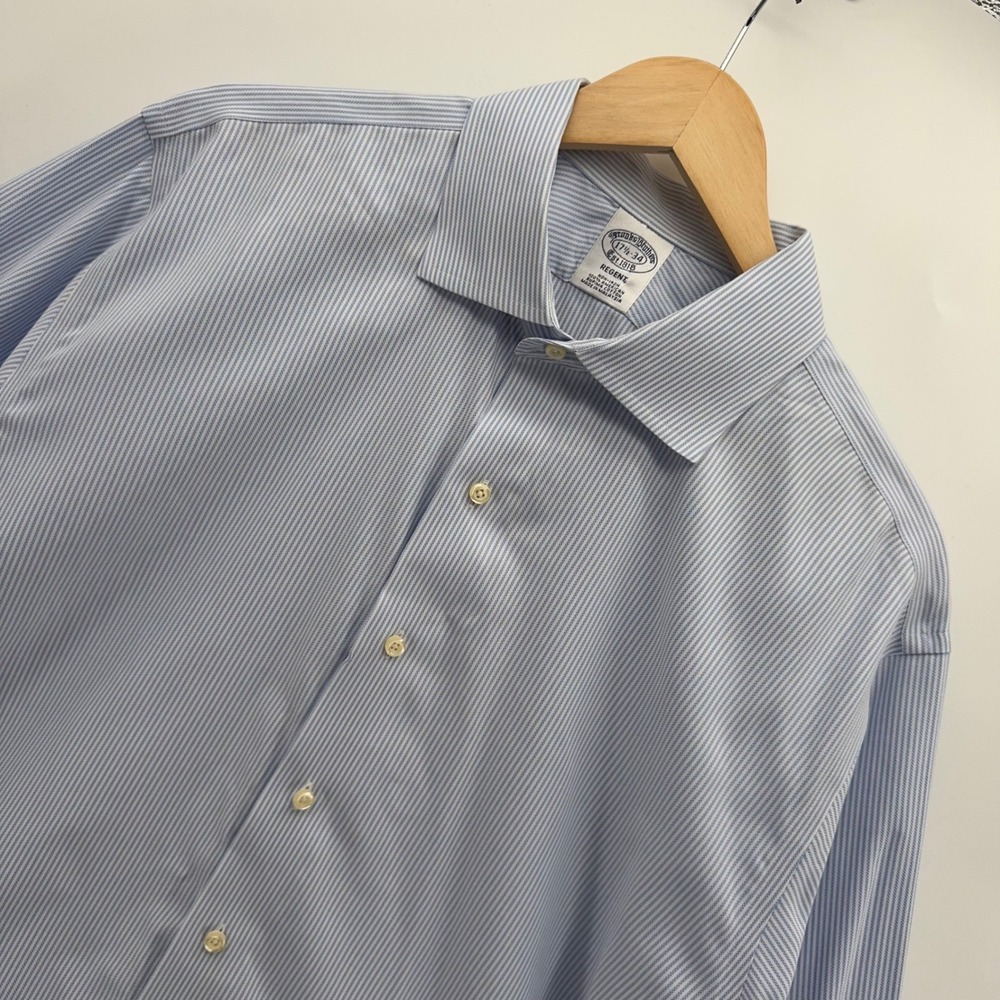 Brooks Brothers Regent Dress Shirt Men 17.5 34 Blue Stripe NonIron Supima Cotton